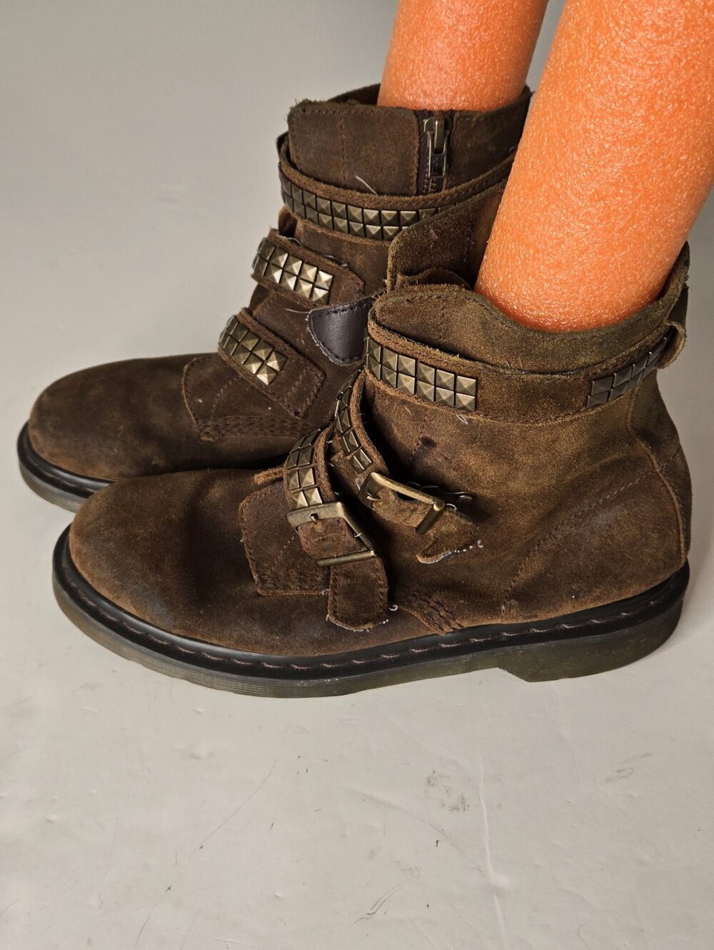 Dr. Martens Brown Suede Studded Triple-Buckle Ankle Boots Size 9 - Picture 3 of 14